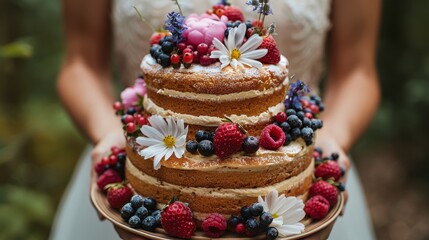 A two-tier cake with berries and flowers held by a person, wedding dress visible