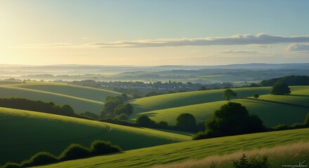 Serene landscape of rolling green hills and trees under a sunny sky with a distant horizon.