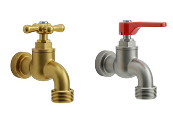 Classic brass and modern silver taps with red lever isolated on transparent background