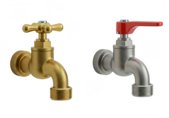 Classic brass and modern silver taps with red lever isolated on transparent background