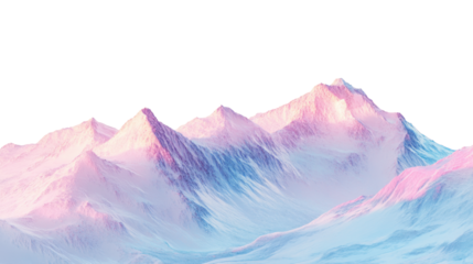 A beautiful glossy iridescent snow capped mountain under soft on white background 