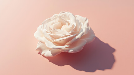 A single white rose centered on a soft pink background.