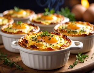 Individual Egg Bake: Delicious individual egg bake, baked golden and topped with herbs, served on a wooden board.