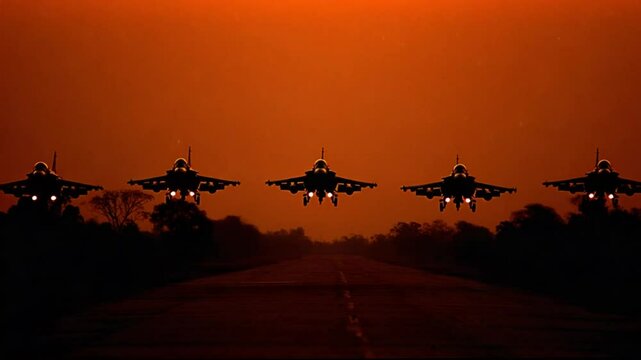 Spectacular display of Fighter Jets Takeoff at sunset on airbase runway with vibrant orange glow