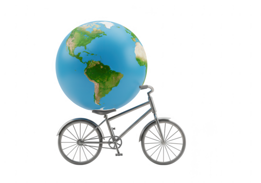A silver bicycle carrying the earth globe on its seat isolated on transparent background