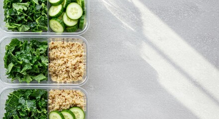 Healthy Meal Prep with Fresh Vegetables and Quinoa in Clear Storage Containers on Gray Background