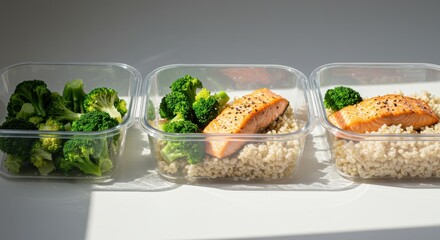 Healthy Meal Prep with Grilled Salmon, Brown Rice, and Fresh Broccoli in Clear Containers