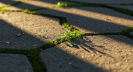 Sunlight Casting Shadows on Small Green Plants Growing Through Cracks in Stone Pavement