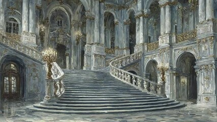 Spectacular Grand Staircase in an Ornate Palace Interior with Luxurious Details and Artful Design