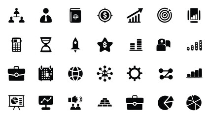A collection of business and finance related icons arranged in a grid pattern showing various concepts