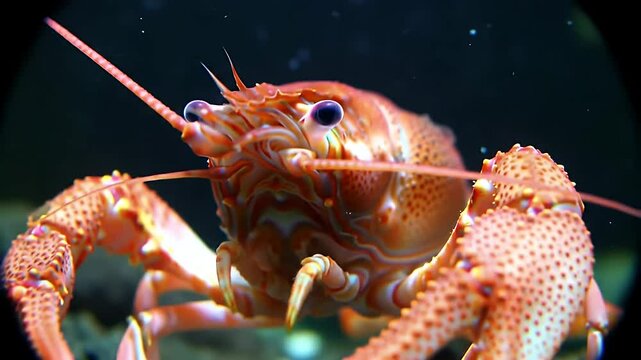 Detailed Close-up of a Vibrant Orange Crayfish Underwater in Dark Background