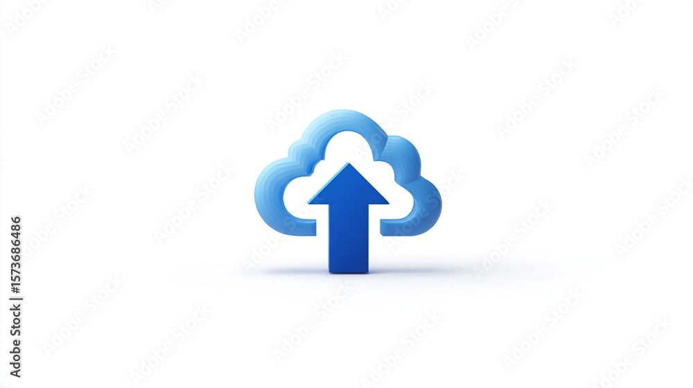 Poster blue cloud with upward arrow on white background, suggesting data upload action