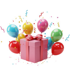 Festive pink gift box surrounded by colorful balloons and confetti isolated on transparent background