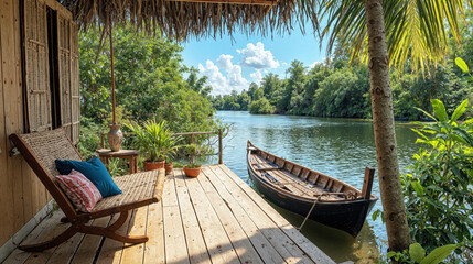 Tropical riverfront hut with rustic wooden deck lounge chair potted plants and moored boat under palm trees
