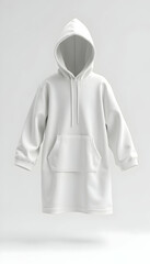Floating White Hoodie Dress with Pocket and Hood on Clean Background