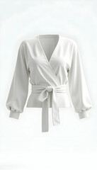 Elegant White Wrap Top with Long Sleeves and Tie Waist
