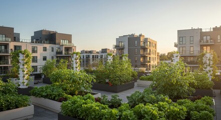 Urban Rooftop Garden with Lush Greenery in Modern Apartment Complex at Sunset