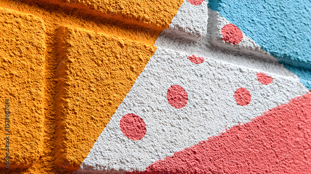 Poster a vibrant display of colorful patterns and shapes painted on a brick wall, creating an eye-catching 