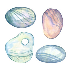 Sea stone, smooth round pebble, natural gravel with veins, shore, beach decoration, ocean shore souvenir, pastel colors on white background. Set of isolated objects. Hand drawn watercolor illustration