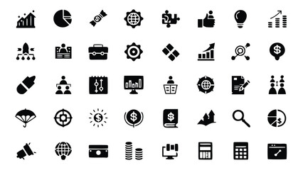 Collection of business and finance icons representing growth analysis and strategic planning elements set