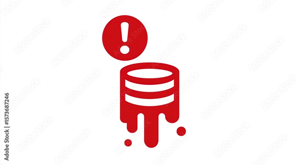 Poster a red cylindrical database icon with dripping liquid, overlaid with a red circle containing an excla