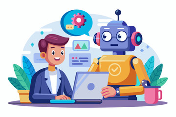 Vector illustration of a human developer working on a laptop with the assistance of a friendly AI robot