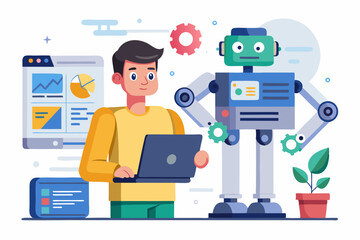 Vector illustration of a human developer working on a laptop with the assistance of a friendly AI robot