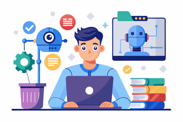 Vector illustration of a human developer working on a laptop with the assistance of a friendly AI robot