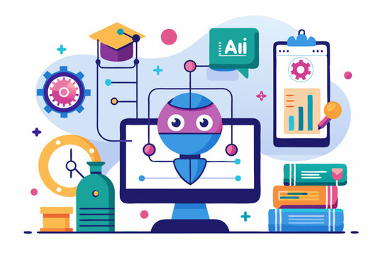 Vector illustration of a human developer working on a laptop with the assistance of a friendly AI robot