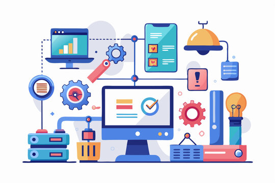 Vector illustration of a human developer working on a laptop with the assistance of a friendly AI robot