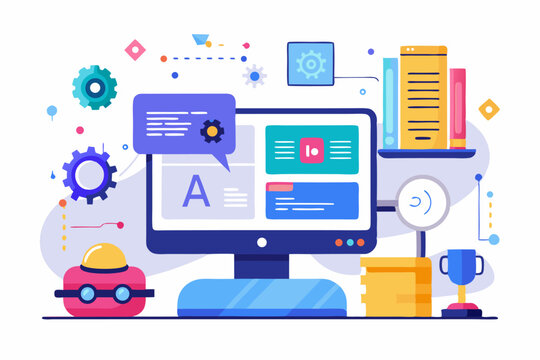 Vector illustration of a human developer working on a laptop with the assistance of a friendly AI robot