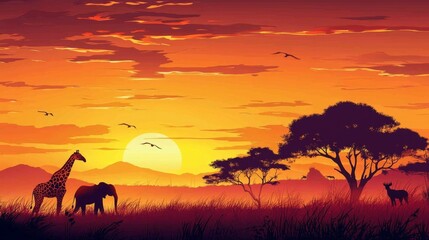 Majestic Elephant, Giraffe, and Lion against a Vibrant Horizon