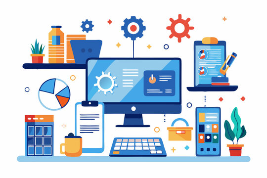 Vector illustration of a human developer working on a laptop with the assistance of a friendly AI robot