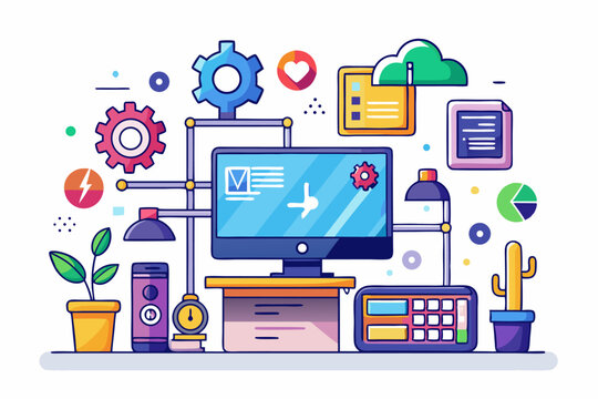 Vector illustration of a human developer working on a laptop with the assistance of a friendly AI robot