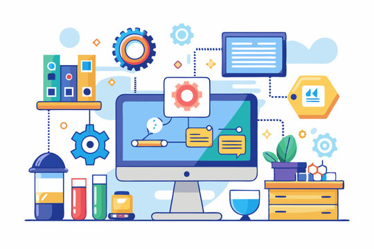 Vector illustration of a human developer working on a laptop with the assistance of a friendly AI robot