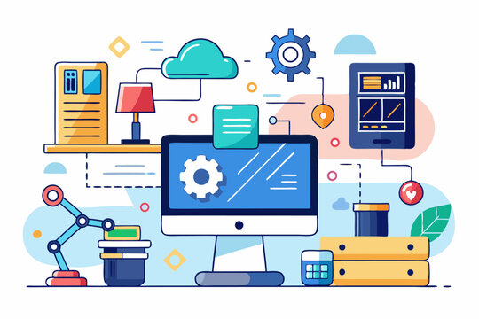 Vector illustration of a human developer working on a laptop with the assistance of a friendly AI robot