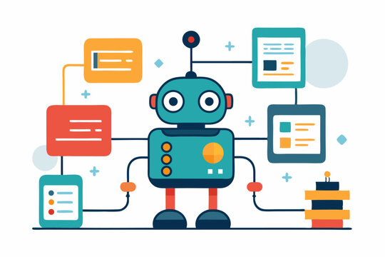 Vector illustration of a human developer working on a laptop with the assistance of a friendly AI robot