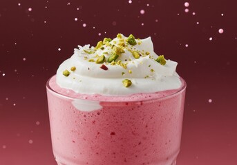 Creamy Pink Dessert Beverage with Whipped Topping and Pistachio Garnish on a Gradient Background
