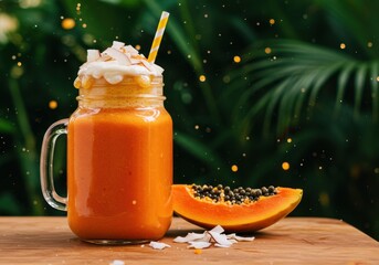 Fresh Papaya Smoothie with Coconut Topping and Tropical Background in Bright Natural Setting