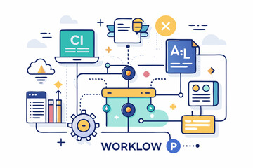 Vector illustration of a human developer working on a laptop with the assistance of a friendly AI robot