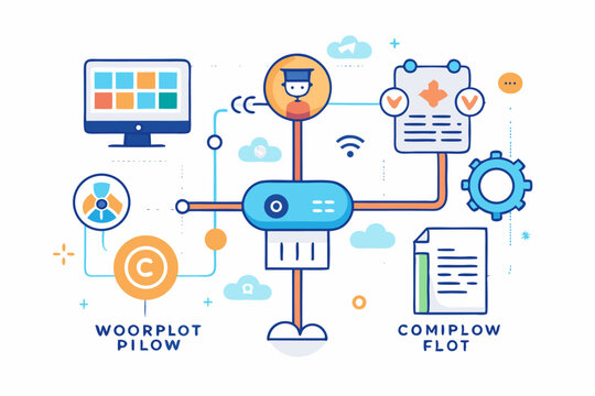 Vector illustration of a human developer working on a laptop with the assistance of a friendly AI robot