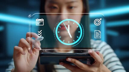 Young Woman Interacting with Holographic Display Showing Time and Task Management Icons with Stylus in Hand against Modern Backdrop - Powered by Adobe