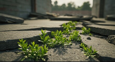 Green Plants Emerging Through Cracks in Abandoned Concrete, Symbolizing Resilience and Nature's Return in Urban Spaces