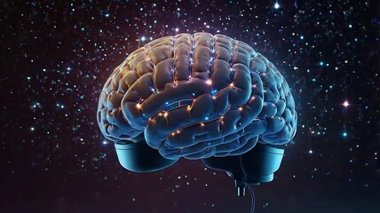 Fototapeta premium A human brain made of light particles floating above a VR headset, surrounded by holographic constellations. Symbolic of knowledge, innovation, and virtual exploration.