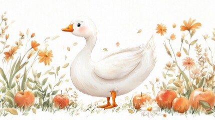 A whimsical scene with flowers, grass, and fruits surrounding the goose.