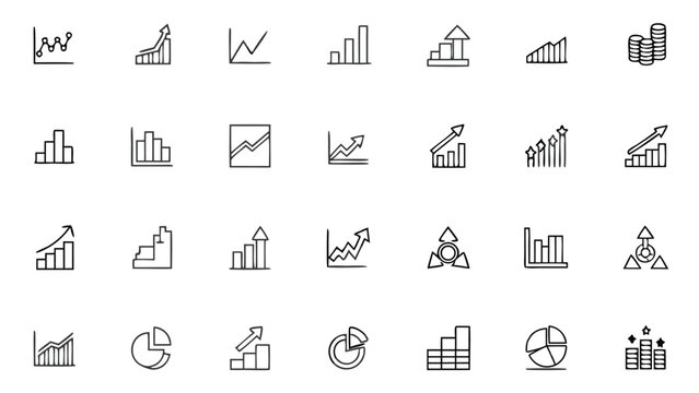 Collection of various business charts and graphs showing growth and decline trends in black outline