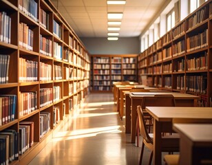 Sunlit library aisle with bookshelves