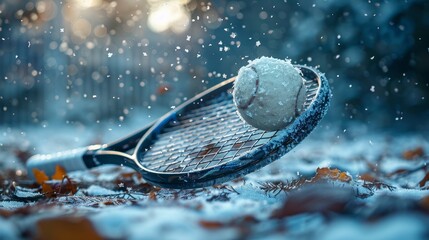 Frozen tennis A snow-dusted ball rests on a racket covered in frost and lying on snow-covered leaves