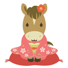 和服を着たかわいい馬の女の子のイラスト、午年の年賀状素材