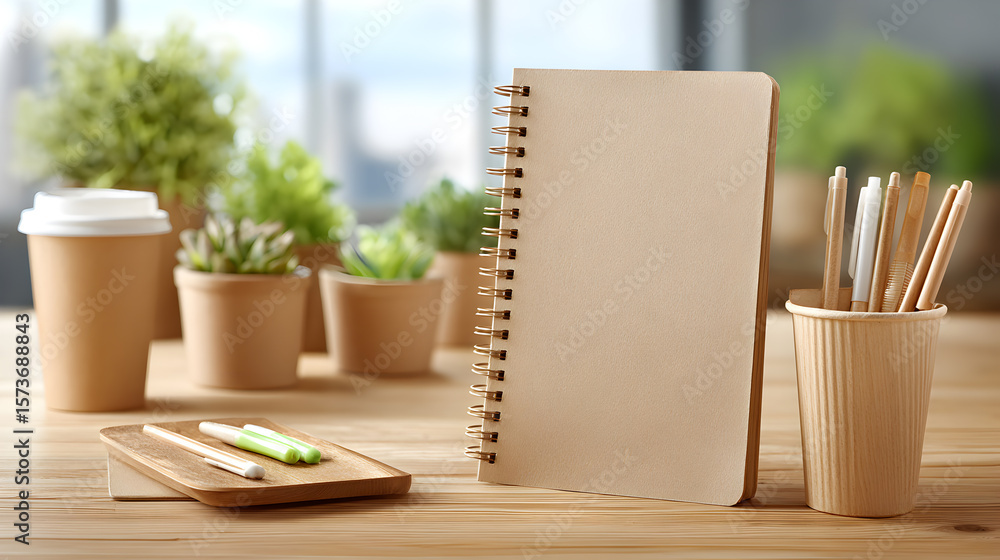 Poster notebook and pencils with plants in the background, perfect for creative workspaces